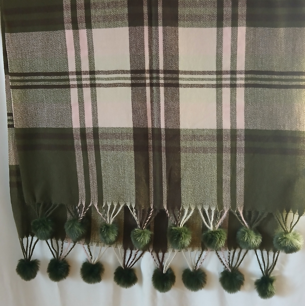 Plaid Green and Pink Wrap Scarf with Pom Poms